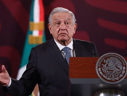 Andrés Manuel López Obrador, durante su conferencia de prensa matutina en el Palacio Nacional.