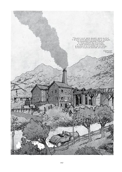 El dibujante ha querido imprimir un tono gris al álbum, muy propio de la mina y de Asturias. Ha buscado dar una textura de papel viejo a la obra, como de periódico de 1934.