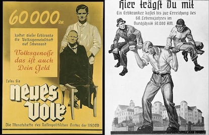 "60,000 Deutschmarks is what this handicapped person costs us over the course of his life. This money is also yours” says the poster on the left, while the one on the right points out that a patient suffering a hereditary disease costs an average of 50,000 Deutschmarks (DM) by the time they reach 60.