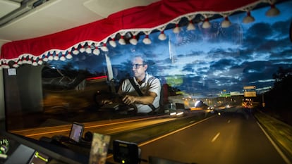 Spanish trucker Lázaro Bermejo drives through France.