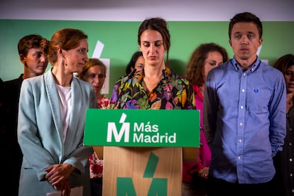 Desde la izquierda, Mónica García, candidata a la presidencia de la Comunidad de Madrid por Más Madrid; Rita Maestre, candidata a la alcaldía, e Íñigo Errejón, líder de Más País, durante la rueda de prensa. 