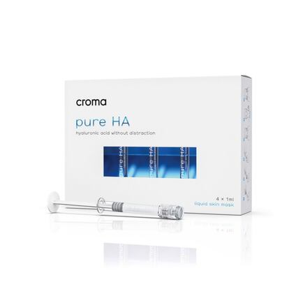  Croma, uno de los mayores fabricantes de ácido hialurónico en el mundo, ha desarrollado Pure HA, la primera mascarilla facial, líquida, formulada con 1,8% de ácido hialurónico puro, la concentración más alta que existe en el mercado en este tipo de productos. De uso unisex, los resultados inmediatos, en base a distintos análisis, se traducen en una profunda hidratación de la piel de manera instantánea, relleno de arrugas finas y líneas de expresión, elasticidad y luminosidad. Precio: 75 euros.