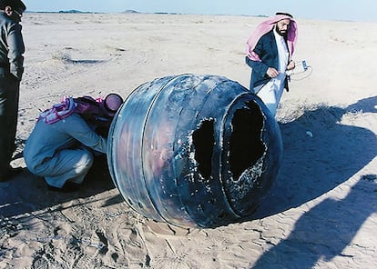 Ein Versteck einer abgestürzten US-Delta-II-Rakete in Saudi-Arabien im Winter 2021.