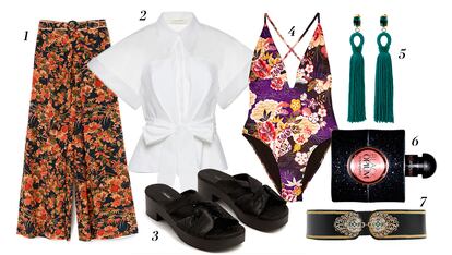 1. Uterqüe Pantalones culotte 2. Delpozo Camisa manga japonesa con lazo 3. Mango Sandalias de madera 4. Zara Bañador con estampado oriental 5. Oscar de la Renta Pendientes con borlas de seda 6. Yves Saint Laurent Perfume Black Opium 7. Uterqüe Cinturón joya