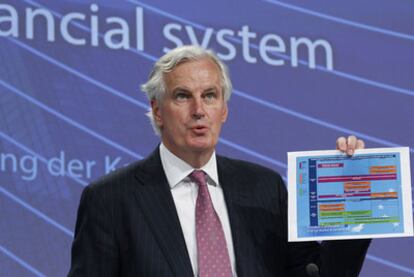 El comisario de Mercado Interior, Michel Barnier, en la presentación de las pruebas de solvencia.