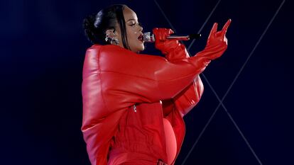 Rihanna performs onstage during the Apple Music Super Bowl LVII Halftime Show at State Farm Stadium on February 12, 2023 in Glendale, Arizona.