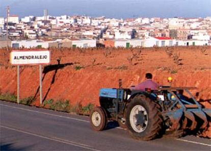 Un agricultor se encamina hacia la ciudad extremeña de Almendralejo.