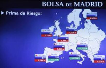 Monitor en la bolsa de Madrid que muestra, entre otras, la prima de riesgo de Espa?a. EFE/Archivo