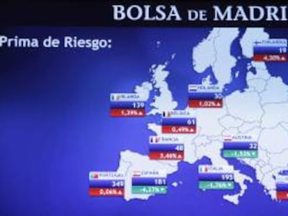 Monitor en la bolsa de Madrid que muestra, entre otras, la prima de riesgo de España. EFE/Archivo