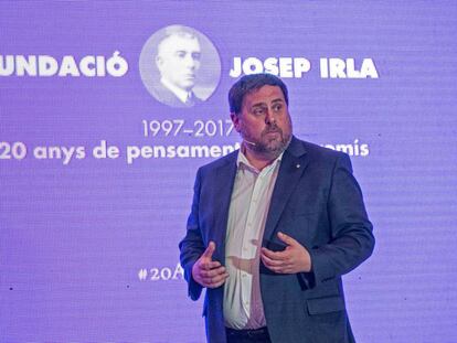 Oriol Junqueras durant la seva participació a l'acte del 20è aniversari de la Fundació Josep Irla.