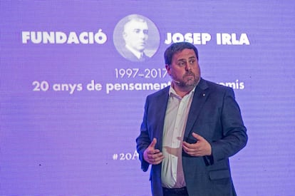 Oriol Junqueras durant la seva participació a l'acte del 20è aniversari de la Fundació Josep Irla.