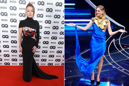 En los últimos meses se han seguido viendo prendas inspiradas en la creación de 1969 de Yves Saint Laurent, como el vestido con el que Sydney Sweeney ('Euphoria', 'The White Lotus') acudió a la gala de premios GQ Men Of The Year en noviembre de 2022, una creación del neoyorquino LaQuan Smith (izquierda). La 'influencer' y empresaria italiana Chiara Ferragni (derecha) dio mucho que hablar en febrero de 2023 por los estilismos que lució para presentar el Festival de Sanremo 2023 (del que salió elegido Marco Mengoni como representante en Eurovisión de Italia). Uno de los días llevó un vestido azul con un cuerpo dorado diseñado para ella por Daniel Roseberry, director creativo de Schiaparelli. Para Ferragni fue un acto reivindicativo, como comentó en su cuenta de Instagram: "Ser mujeres sin tener que ser consideradas únicamente como madres. La lucha femenina contra la culpa de querer conciliarlo todo fue el tema que le pedimos a @danielroseberry que desarrollara (...) La dureza de la armadura de oro tallada en los pechos representa una fortaleza que no necesita imitar a la masculina para ser considerada del mismo nivel. Mientras que la enagua de raso está pintada de azul porque siempre ha sido el color asociado con la sacralidad de la maternidad representada aquí como un estereotipo de la mujer alimentando a un niño dorado. ¡No ser considerados solo sistemas reproductivos es la elección por la que luchar todos los días!".