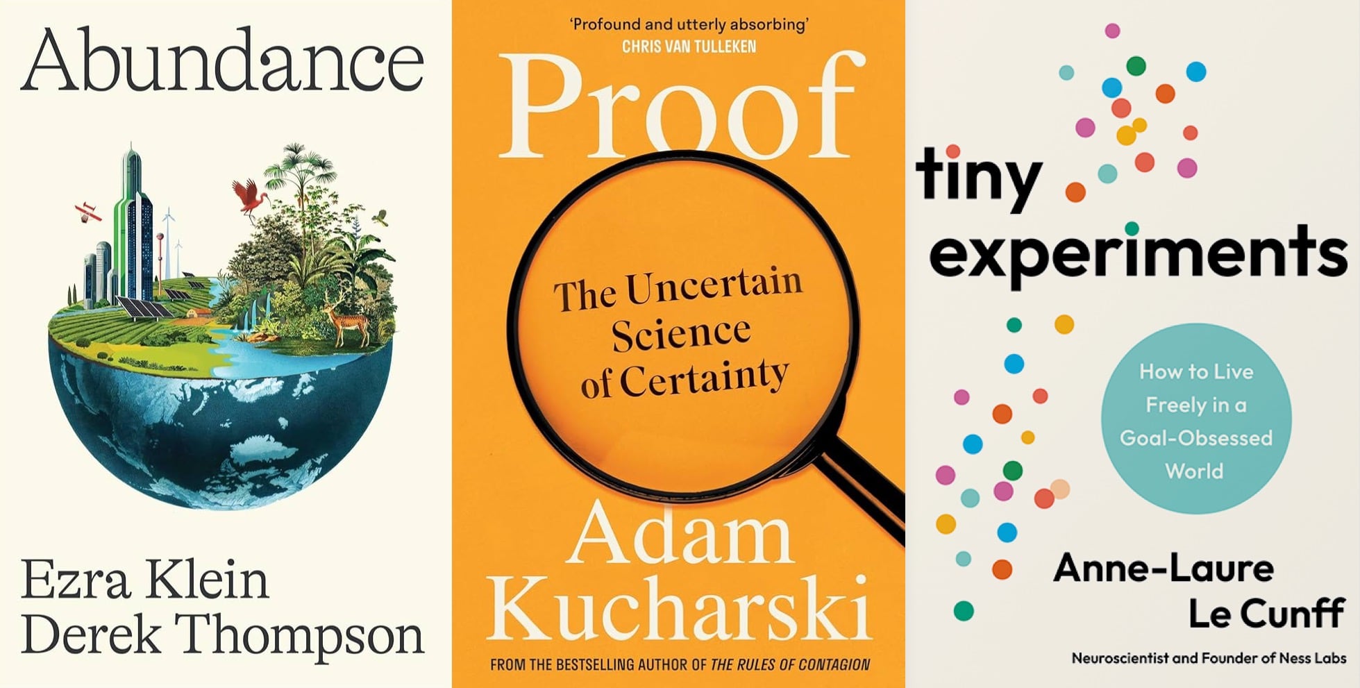 La portada de los tres libros, 'Abundance', 'Proof' y 'Tiny experiments'