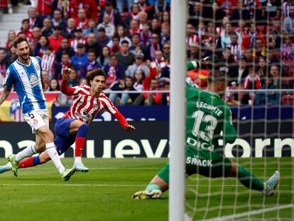 Joao Felix marca el gol del empate entre el Atlético y el Espanyol este domingo en el Metropolitano.