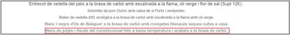 Fragment del menú de Nova Font Blanca que ofereix mans de jutges i fiscals del Constitucional a baixa temperatura.