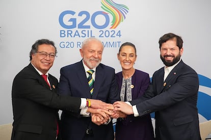 Gustavo Petro, Luiz Inácio Lula da Silva, Claudia Sheinbaum y Gabriel Boric el 18 de noviembre en Río de Janeiro, Brasil. 