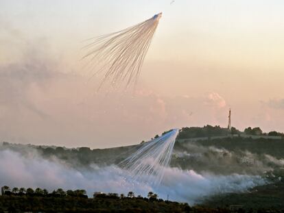 Israeli artillery explodes over the village of Dhayra, near the Lebanese-Israeli border, on October 16, 2023.