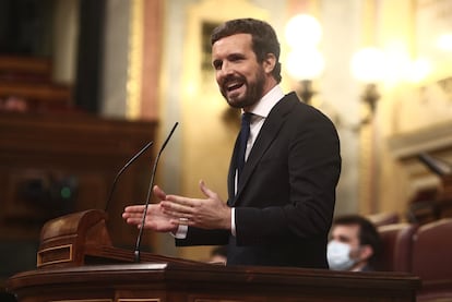 Popular Party president Pablo Casado speaking in Congress on Wednesday. 