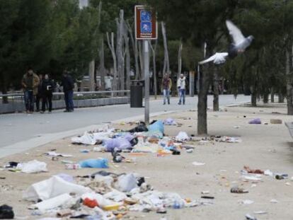 Basura en Madrid R&iacute;o, resultado de la huelga de los trabajadores del parque.