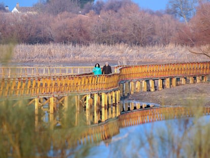 Dos personas caminan por el parque de las Tablas de Daimiel, en Ciudad Real, este mes.