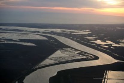 An aerial view along the Guadalquivir river, where the drug boats travel up as far as Seville.