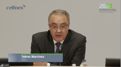 Tobías Martínez, consejero delegado de Cellnex Telecom en la presentación de resultados de 2020 este viernes.