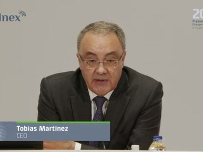 Tobías Martínez, consejero delegado de Cellnex Telecom en la presentación de resultados de 2020 este viernes.