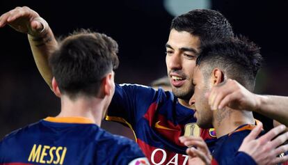 Messi, Suárez i Neymar festegen el segon gol del Barça.