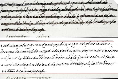 Fragmento de una carta de María Antonieta al conde de Fersen del 19 de octubre de 1791 antes y después del tratamiento llevado a cabo por los investigadores.