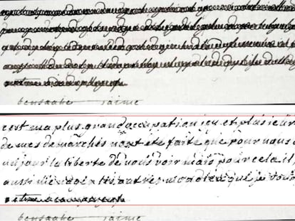 Fragmento de una carta de María Antonieta al conde de Fersen del 19 de octubre de 1791 antes y después del tratamiento llevado a cabo por los investigadores.