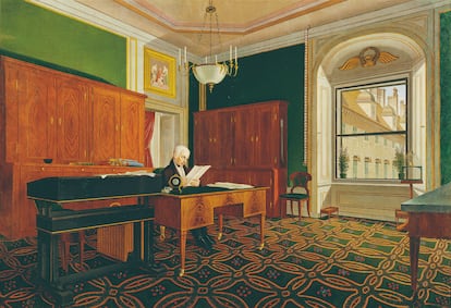 El emperador Francisco I de Austria, retratado por Johan Stephan Decker en su despacho, amueblado con piezas Biedermeier (1821).