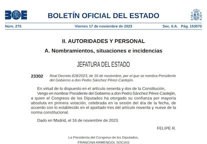 Nombramiento de Pedro Sánchez como presidente del Gobierno, publicado en el BOE el viernes por la mañana.