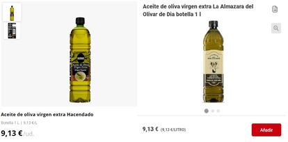 Precios, este 1 de octubre, de las botellas de litro de aceite de oliva virgen extra en Mercadona y Dia.