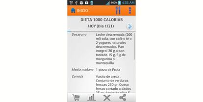 Es ideal si se necesitan ideas para hacer una dieta con el objetivo de adelgazar. Se trata de una aplicación sencilla pero muy útil que permite elegir entre tres tipos de dieta, dieta de emergencia de 1000 calorías, dieta de 1500 calorías y dieta anticelulitis.  Esta aplicación ayuda a elegir un dieta indicando el menú de cada día en cada una de las cinco comidas según la dieta elegida. Proporciona la lista de la compra con los ingredientes que se necesitan y permite guardar el peso en una gráfica para ver la evolución, motivarse e incluso compartirlo con amigos.  Ayuda a calcular el peso ideal, el índice de masa corporal y el consumo energéticos diario. Está disponible de forma gratuita para su descarga en Google Play para dispositivos Android.