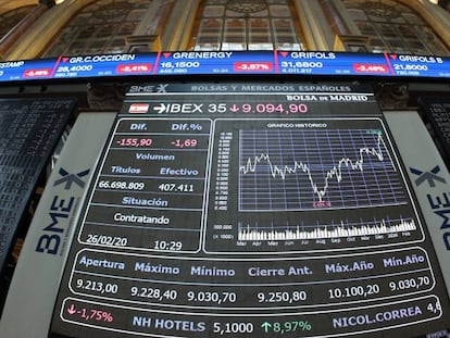 Panel de cotizaciones de la Bolsa española, que ha caído en las últimas sesiones.