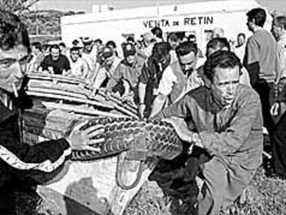 Pescadores de Barbate, ayer, arrastrando una barca para cortar con ésta la carretera N-340.