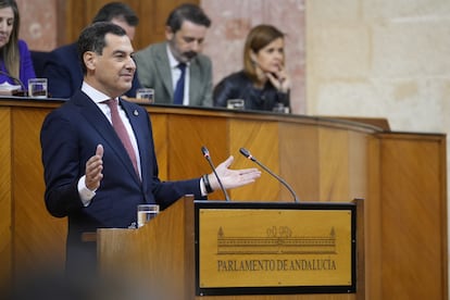 El presidente de la Junta de Andalucía, Juan Manuel Moreno, durante su intervención en el debate sobre el estado de la comunidad, en el Parlamento autonómico.