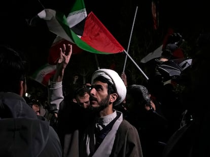 A cleric chants slogans during an anti-Israeli gathering in front of the British Embassy in Tehran, Iran, early Sunday, April 14, 2024.