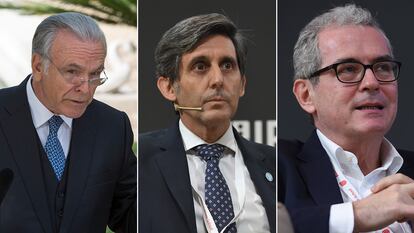 Desde la izquierda, Isidro Fainé, presidente de la Fundación La Caixa, José María Pallete, presidente de Telefónica, y Pablo Isla, presidente de Inditex.