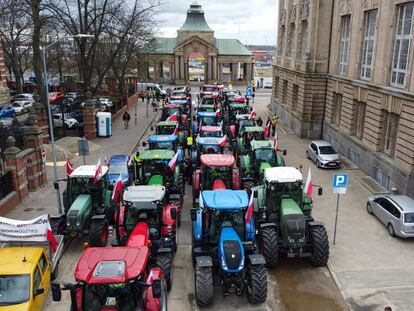 Polish farmers protest and block a street in Szczecin