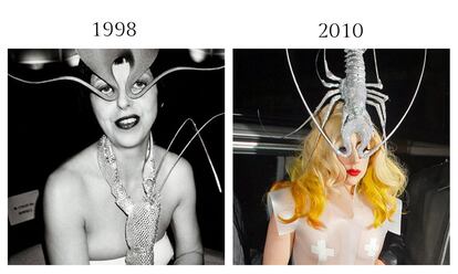 Isabella Blow (fotografiada por Mario Testino en Pars) vs Lady Gaga, con el collar-cangrejo que Phillip Tracy autotransform en antifaz-tocado para la madre de los Little Monsters.