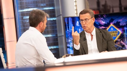 El candidato del Partido Popular a la presidencia del Gobierno, Alberto Núñez Feijóo, durante la entrevista en 'El Hormiguero'.