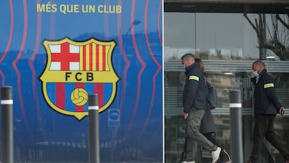 Agentes da polícia catalã entram na sede do FC Barcelona.