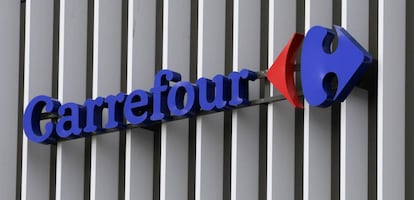 The logo of Carrefour is seen at a Carrefour Hypermarket store in Nice