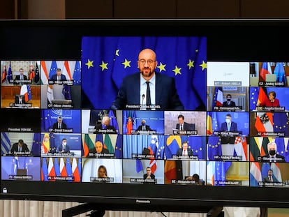 El presidente del Consejo de Europa, Charles Michel, reunido por videoconferencia con los líderes europeos el pasado 25 de marzo.