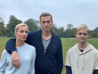 Russian opposition politician Alexei Navalny, his wife Yulia and son Zahar pose for a picture in Berlin in this undated image obtained from social media October 6, 2020. 