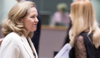 La ministra de Economía en funciones, Nadia Calviño, en Bruselas la pasada semana. 