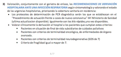 Os critérios que os hospitais públicos de Madri seguiram para selecionar pacientes covid-19 de asilos, de acordo com o protocolo final do Ministério da Saúde, de 25 de março.