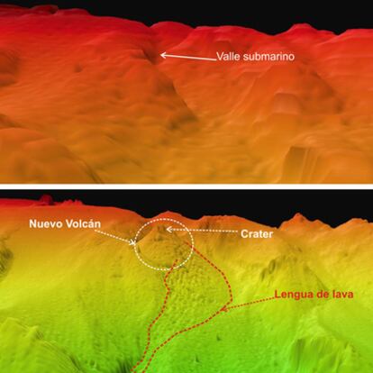 La zona de El Hierro en 1998 (arriba) y el pasado 24 de octubre (abajo).