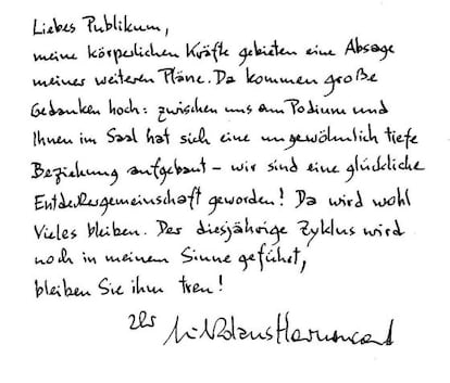 Carta de despedida de Nikolaus Harnoncourt.
